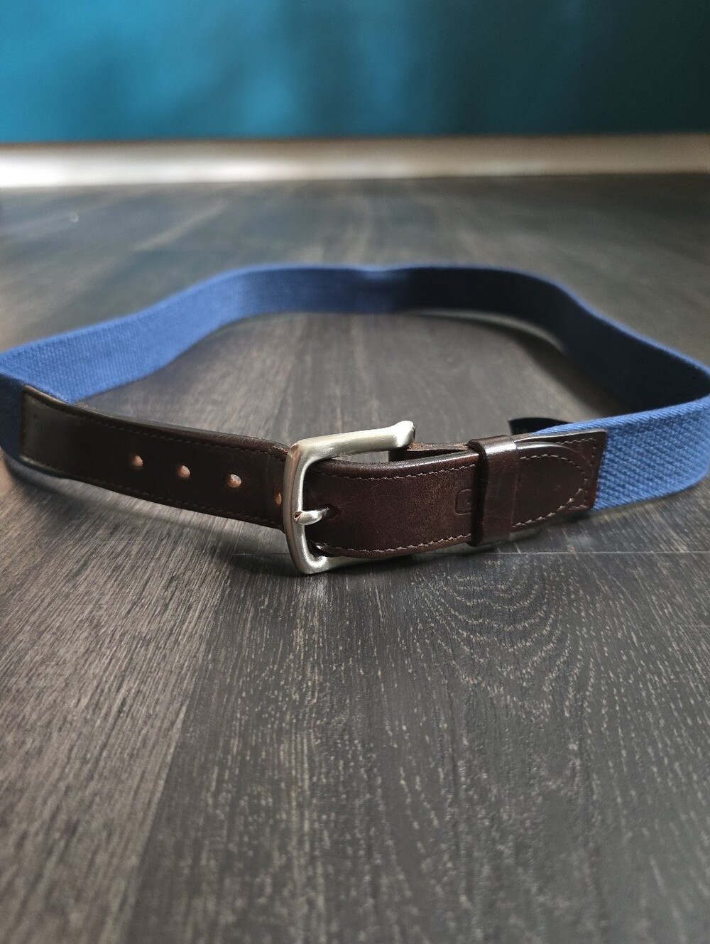 Vineyard Vines Shep & Ian Navy Canvas Brown Leather Belt Solid Brass Sz 38 USA